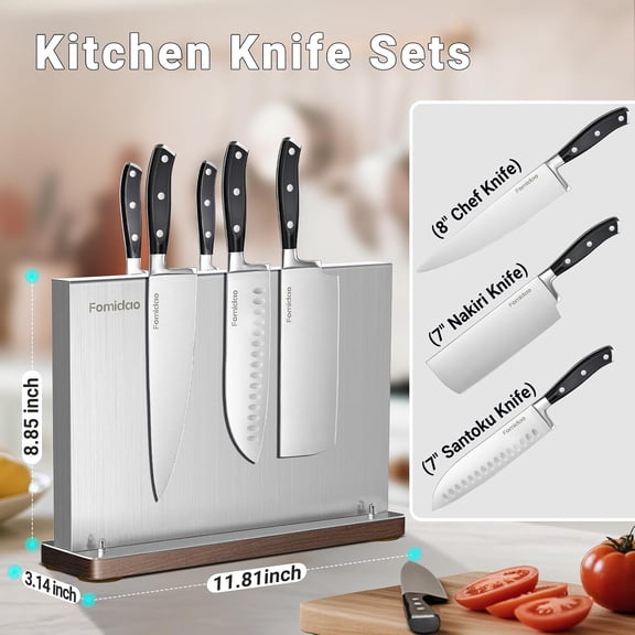 Fomidao 4-Piece Japanese Kitchen Knife Set with Magnetic Block, High-Carbon Steel Chef Knives, Ultra- Full Tang Handle, Silver