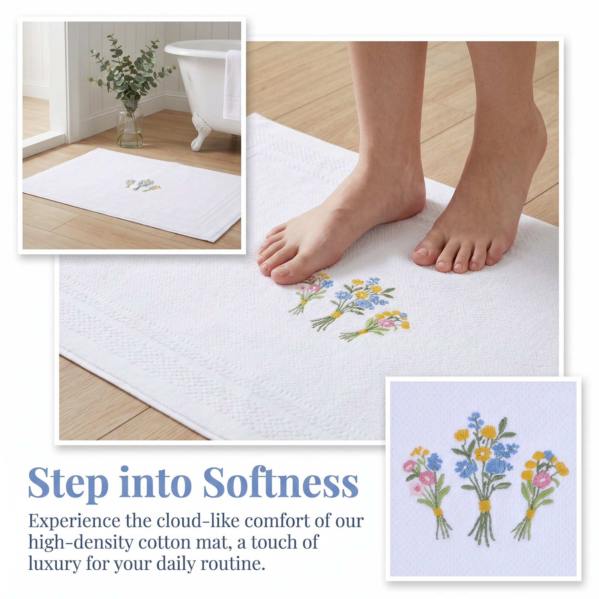 Unique Bargains Cotton Bathroom Absorbent Flower Embroidered Washable Mat White 24"x16"