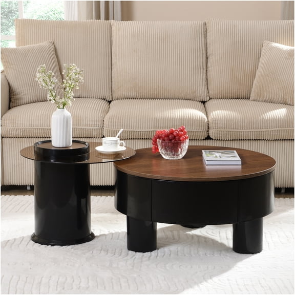 JERFIT 2-Tier Round Nesting Coffee Table Set with Storage Drawer, Black/Brown End Table for Living Room, Space-Saving Accent Tables
