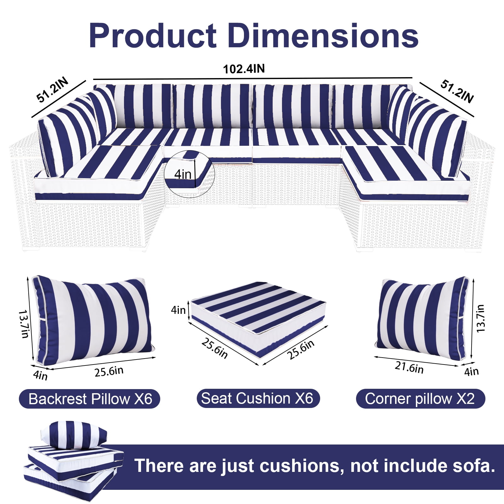 XXLYY Outdoor Replacement Cushions for Patio Furniture, 14 Piece Patio Sectional Cushions, 4" Water-Resistant Replacement Sofa Cushions Fits 6-seat Rattan Conversation Set