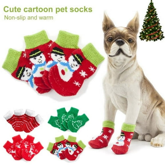 Visland 4Pcs Dog Socks, Fashion Casual Non-slip Rubber Design Cute Christmas Tree Elk Snowman Snowflake Pattern Elastic Soft Cozy Knitted Winter Warm Pet Ankle Socks for Puppy Daily Wear