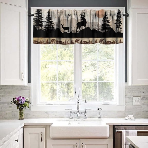 Rustic Deer Window Valance – Forest Landscape Short Curtain for Kitchen & Living Room – Polyester Rod Pocket Window Treatment for Farmhouse Decor(Black)
