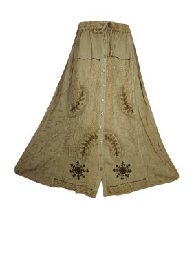 Mogul Women's Button Front Brown Embroidered Boho Chic Gypsy Long Skirts