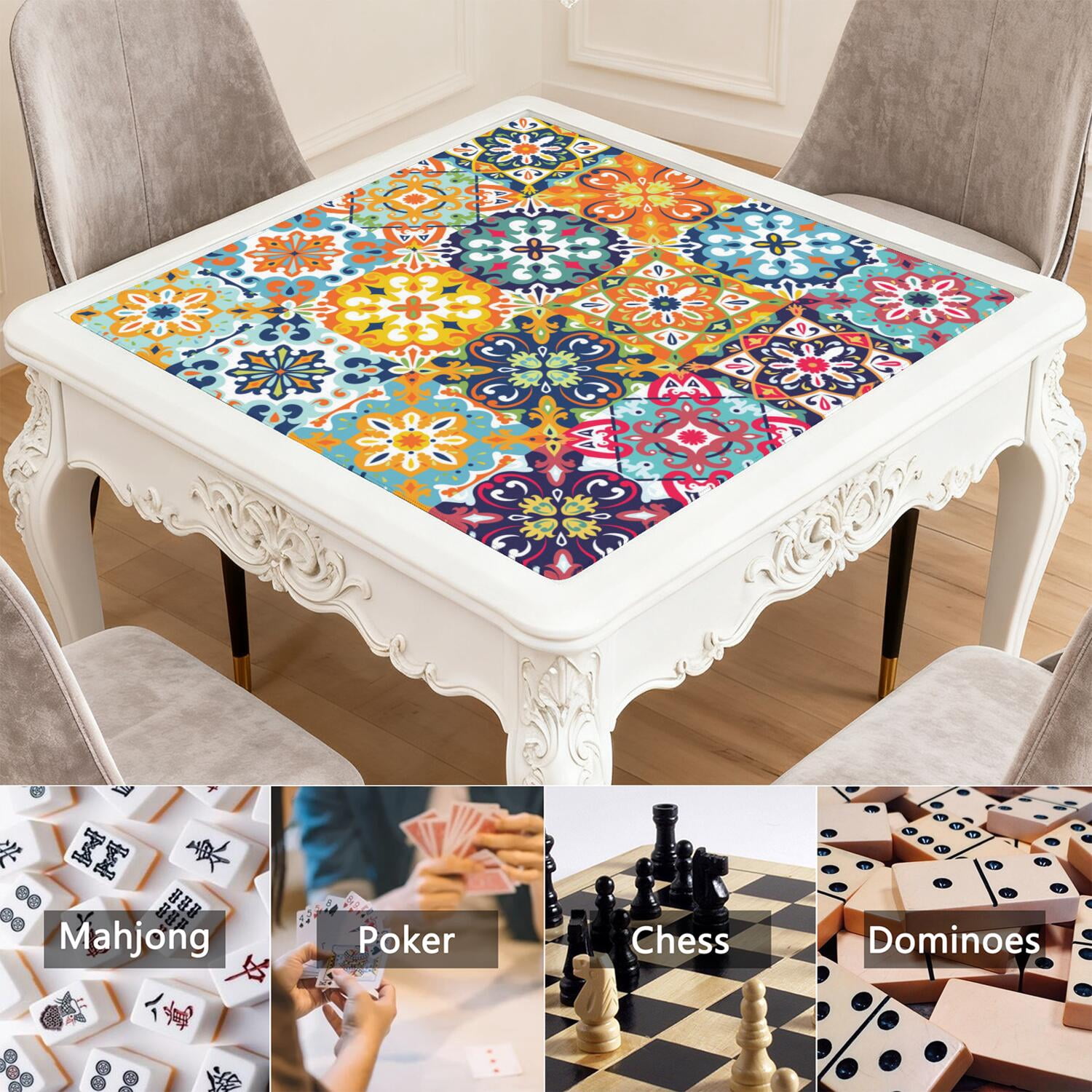 31.5 Inch Boho Game Table Mat, Professional Rubber Mahjong Pad with Non-Slip Backing and Noise Dampening, Versatile Mat for Card Games Board Games and Tile Games