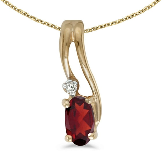 14k Yellow Gold Oval Garnet And Diamond Wave Pendant with 18" Chain