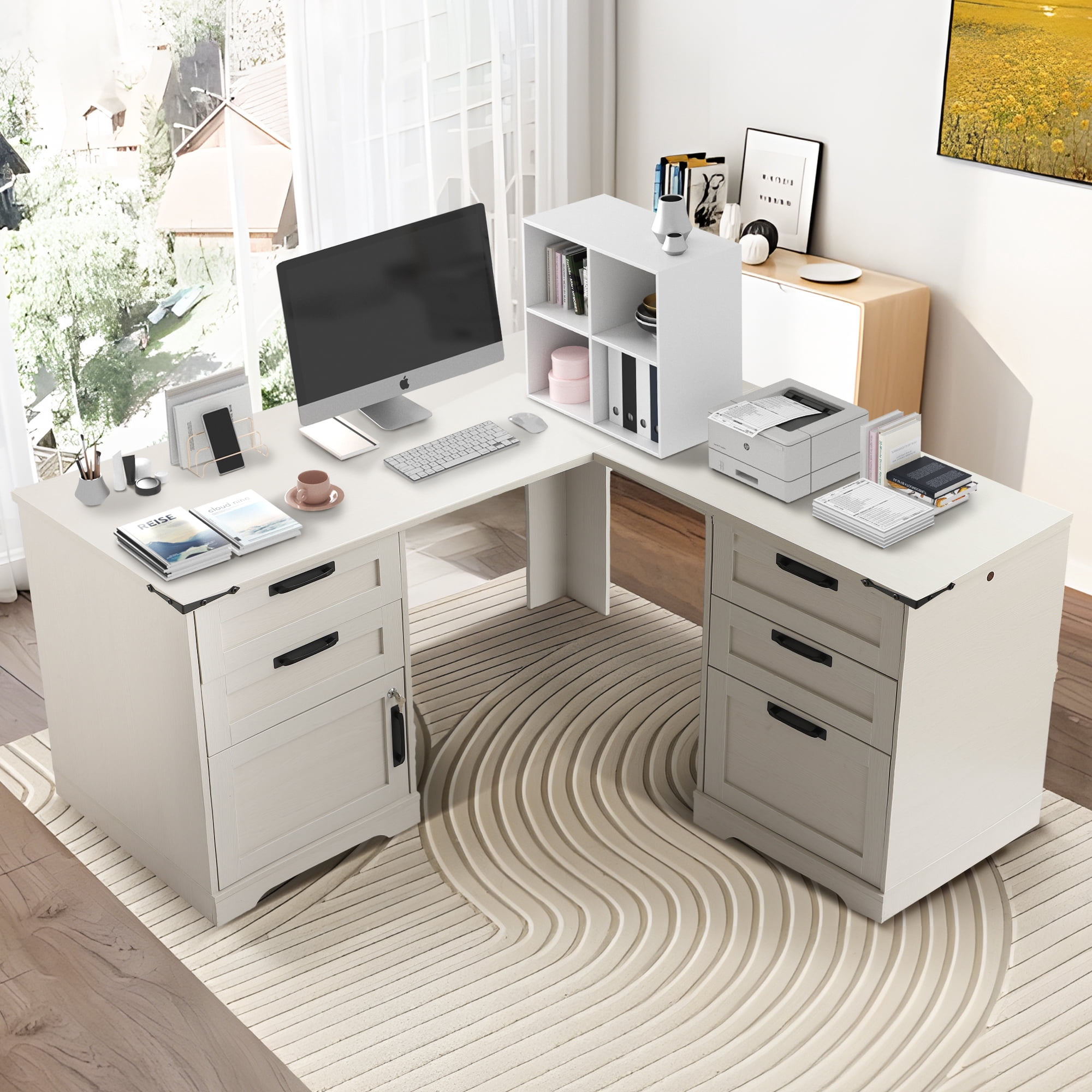 Magic Union L Shaped Executive Desk with Drawers, Home Office Desks with Charging Station, File Drawer, Lockable Adjustable Storage Cabinet, Large Corner Computer Table for Work And Study