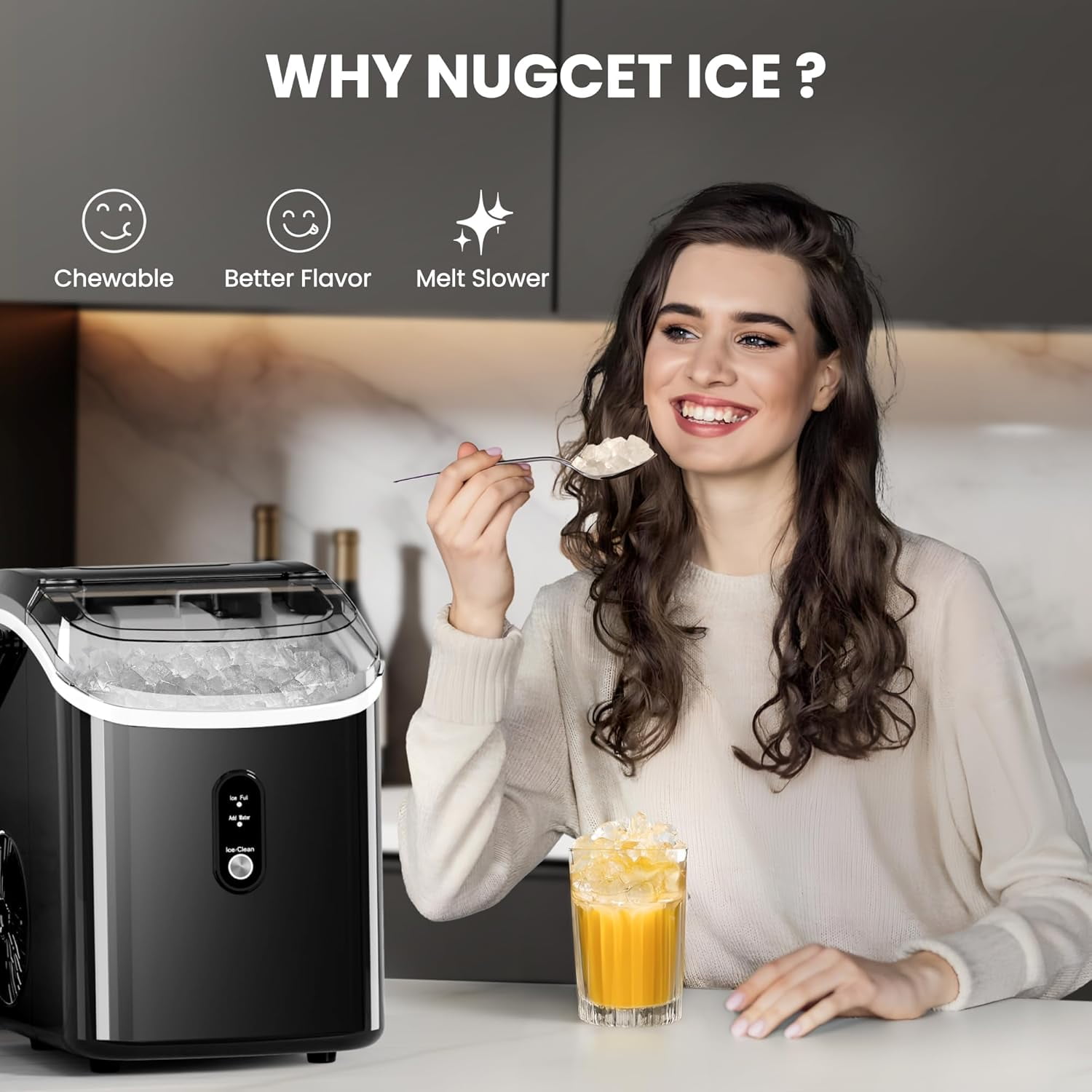 Auseo Nugget Ice Maker Countertop,  Ready in 6 Mins ,35Lbs Each  day with Self-Cleaning,Portable Sonic  Ice Machine  for Home/Office/Bar, Black
