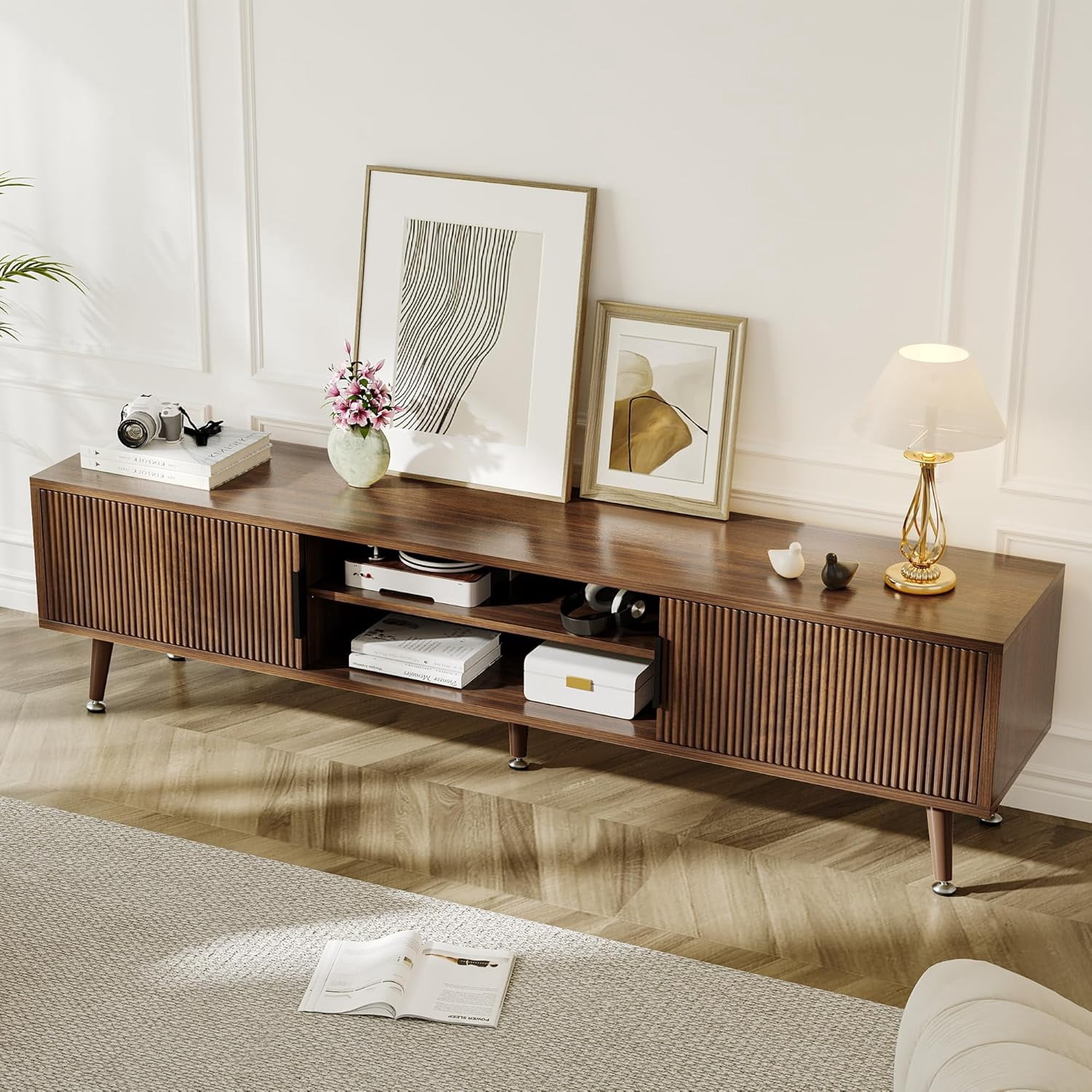 PulseFay Mid Century TV Stand, Modern TV Console for TVs up to 70 Inches, Entertainment Center with Storage, TV and Media Consol, (Walnut)