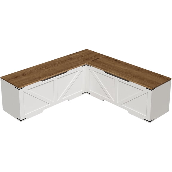 HOOBRO L-Shaped Farmhouse Corner Storage Bench with Toy Organizer and 3 Compartments, White and Walnut Finish
