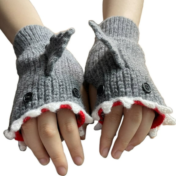 Aellinatey Knitted Glove Winter Half Finger Mitten Stretchy Cartoon Shark Riding Glove