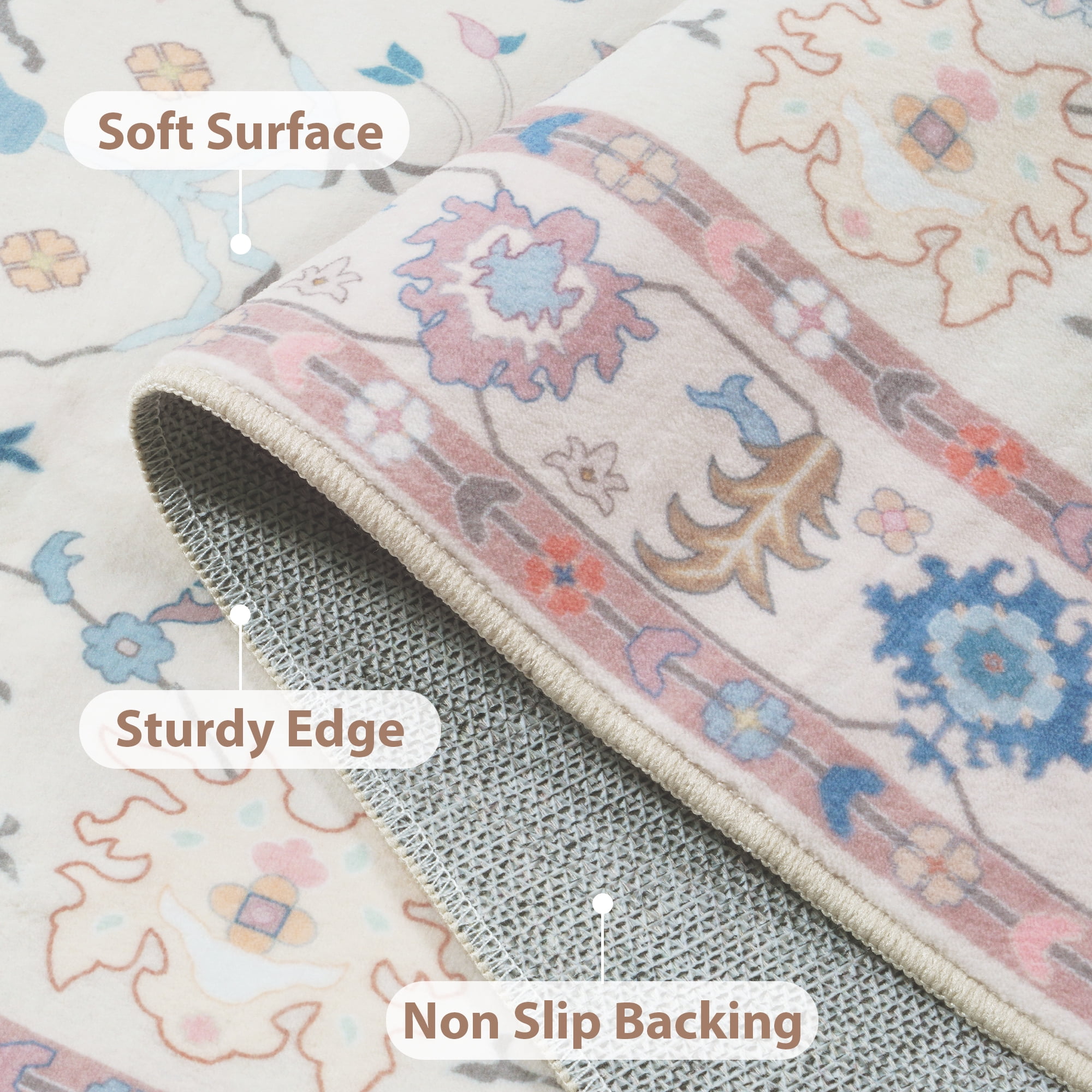 Lahome Decor 5'x7'Modern Oushak Washable Rugs,5x7ft Boho Area Rug for Living Room,Stain Resistant Soft Bedroom Rug, Ultra-Thin Cream Colorful Vintage Floral Rugs for Farmhouse Dining Room,Pink
