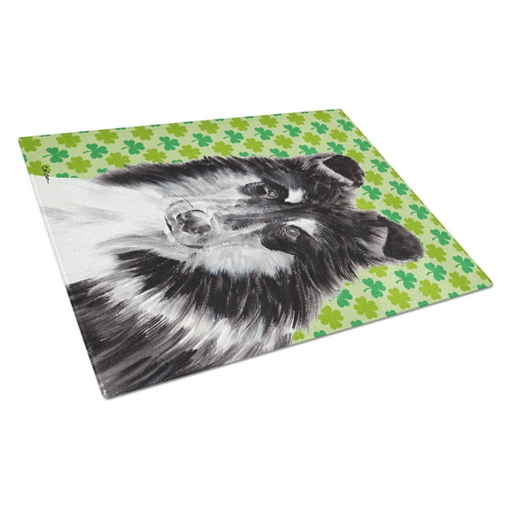 Black and White Collie Lucky Shamrock St. Patricks Day Glass Cutting Board Large