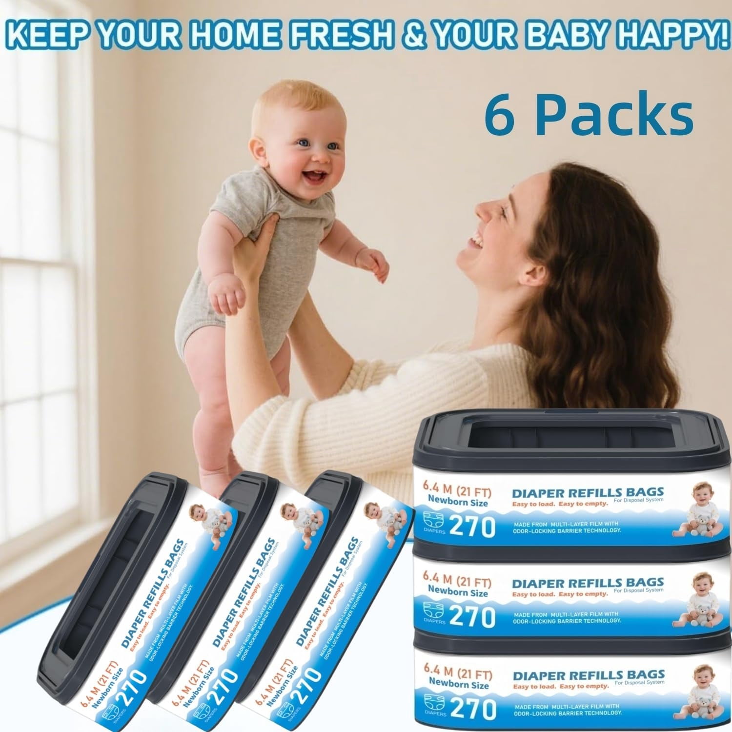 6 Packs Standard Square Refills Disposal Bags Refill Compatible with Diaper Genie Compact, Select Pails, Classic Version Pails, Hold Up to 270 Newborn-Sized Diapers Per Refill