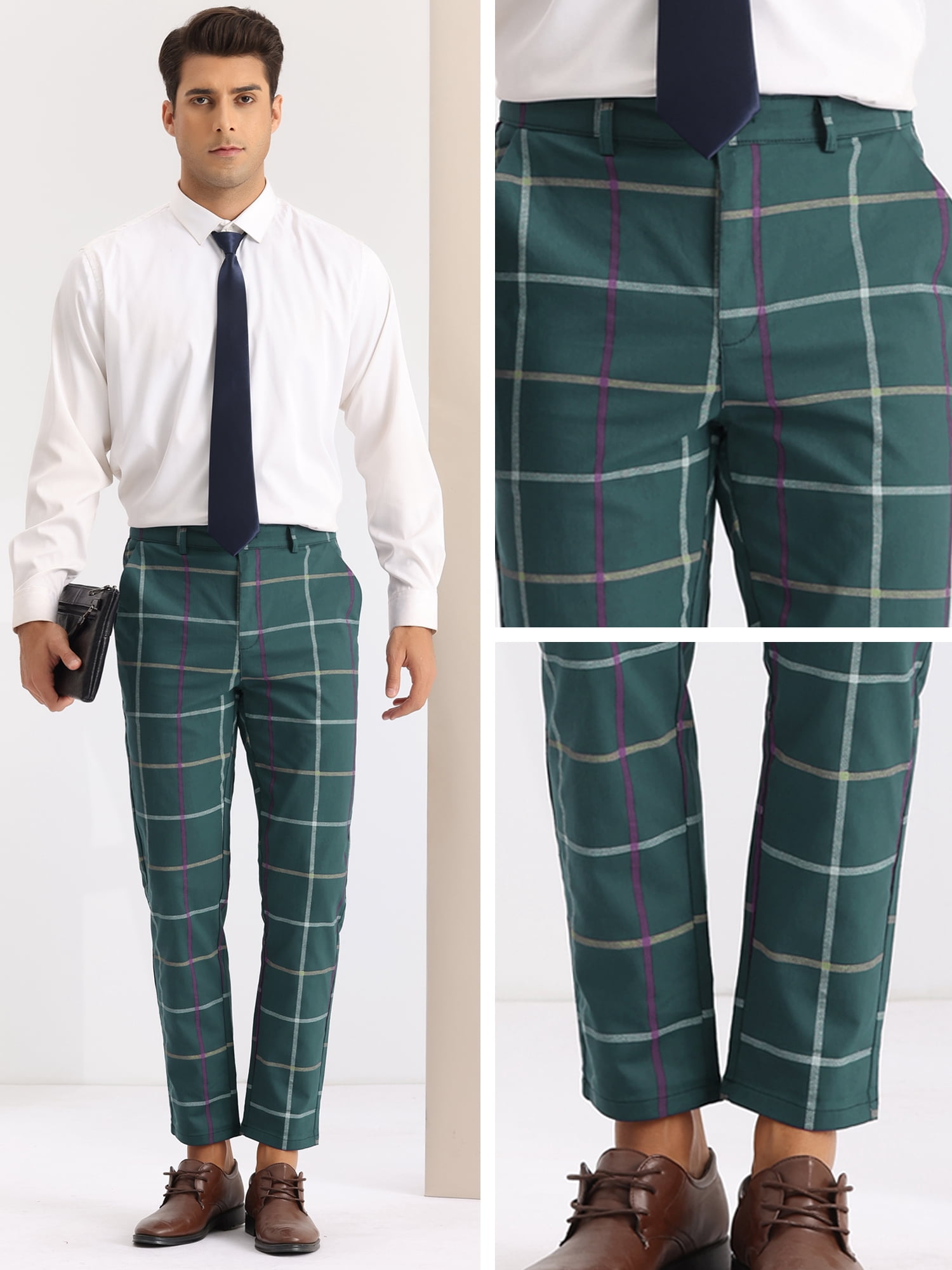 Unique Bargains Men's Plaid Tapered Pants Zipper Flat Front Formal Dress Pants 28 Green