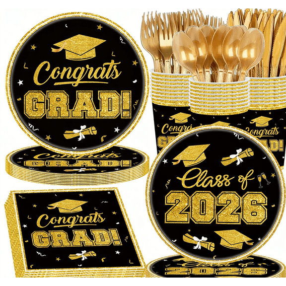 WODJR 96Pcs Congrats Grad Tableware Graduation Party Decorations Graduation Tableware Graduation Paper Dinnerware Include Disposable Plates Napkins Cups for Class of 2026 Graduation Party Decorations