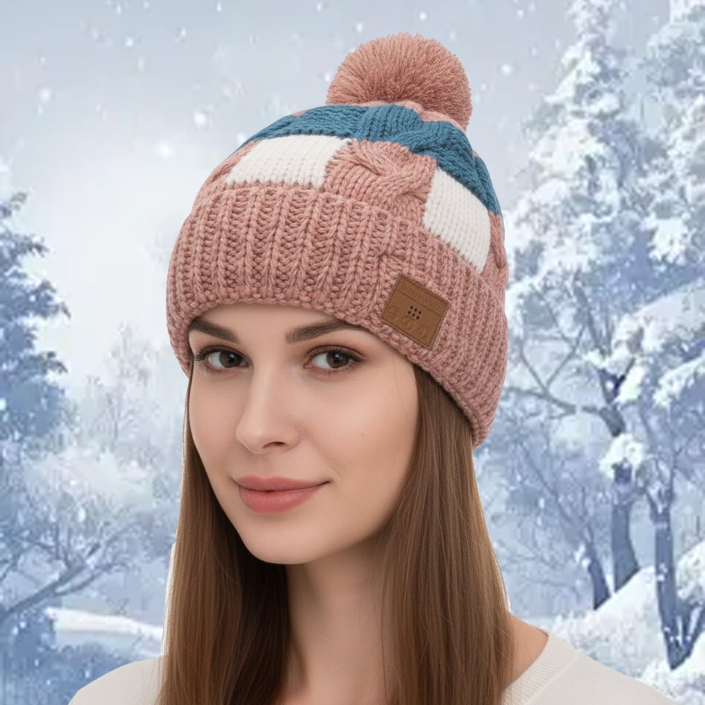 Wireless Beanie Hat Headphones | Music Winter | Knit Stereo Headphone Cap Women Soft Hat with Pompon | for Skiing