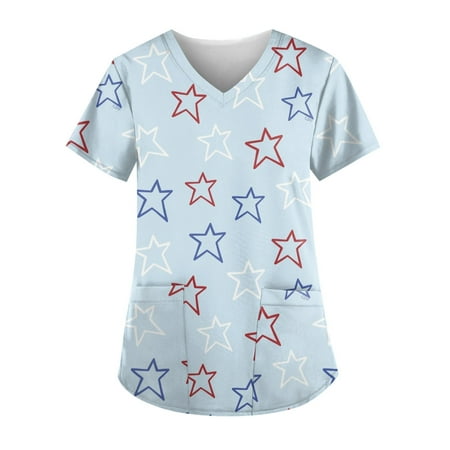 

Sksloeg Womens Scrub Tops Fashion Women Short Sleeve Tops Working Uniform 4th Of July American Flag Print Scrub Tops with Pocket Blouse Light Blue XL