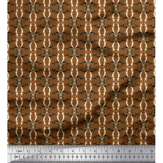 Soimoi Brown polyester Crepe Fabric Filigree Damask Fabric Prints By Yard 52 Inch Wide