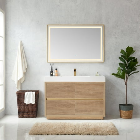 Huesca 48" Single Sink Bathroom Vanity Natural Oak Wood White Top No Mirror