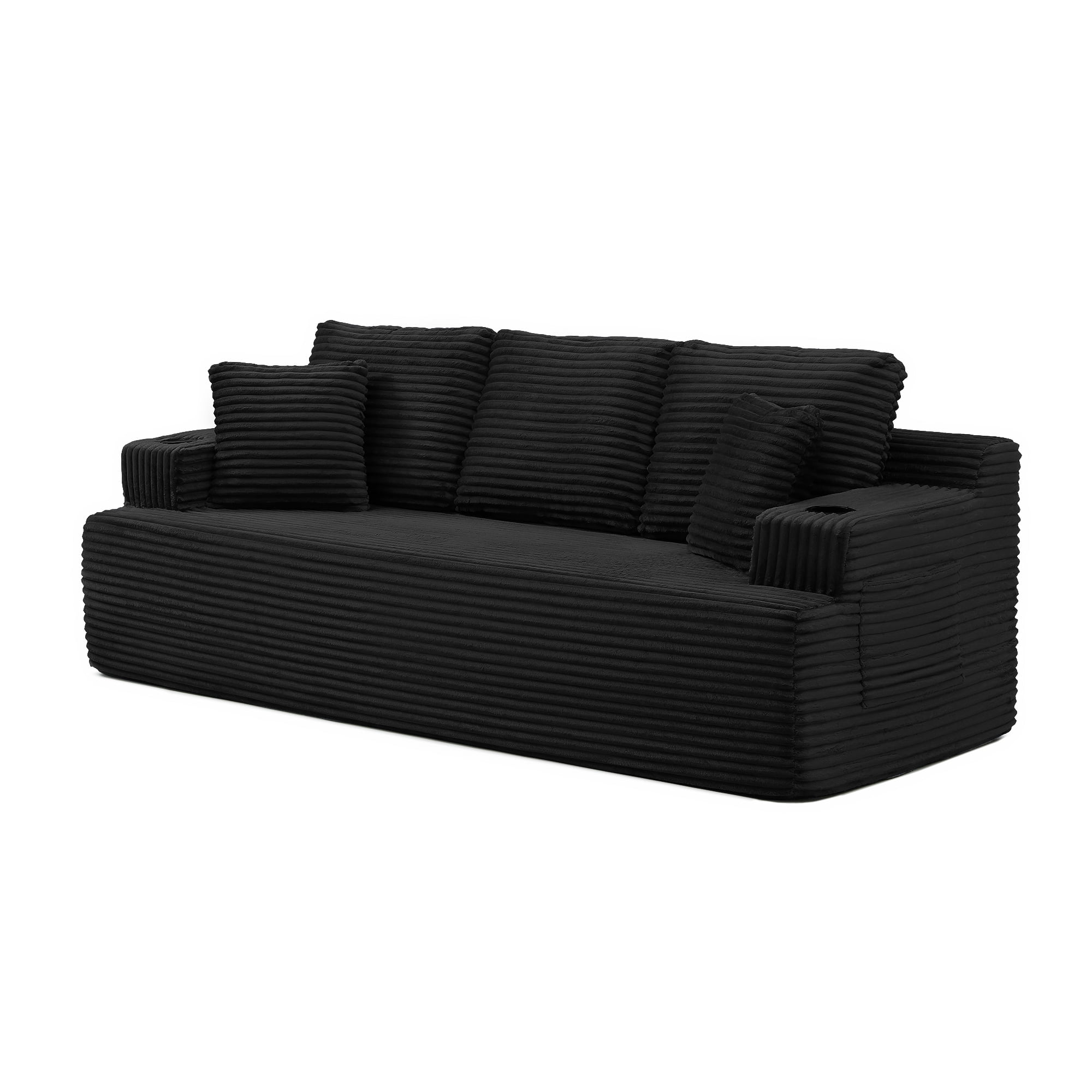 Boneless Sofa, 3-Seater Floor Couch with Cup Holders and Side Pockets, Corduroy Fabric No Assembly Sofa for Living Room or Dorm, 86.2 Inch, Black