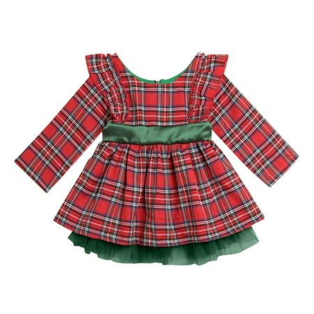 

BSDHBS Girls Dresses Toddler Girls Christmas Long Sleeve Lace Plaid Prints Princess Dress Xmas Party Bowknot Tulle Dresses