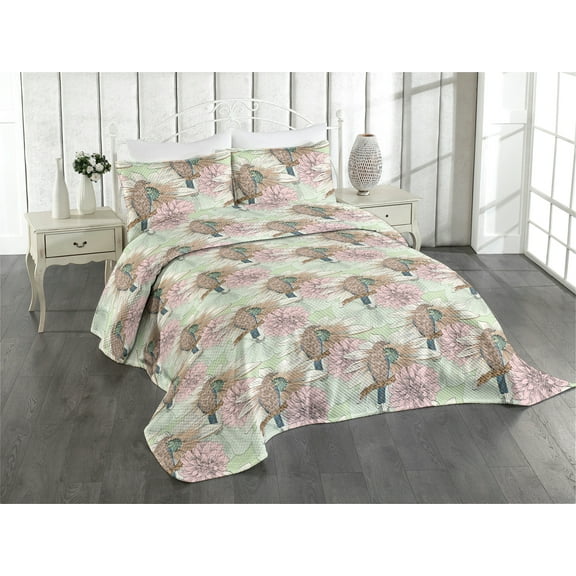 Ambesonne Birds and Nature Quilted Coverlet 3 Pcs, Floral Watercolor, King Size, Pale Pink Dark Mustard