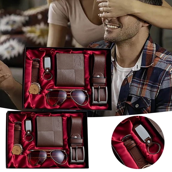 Gift Set Men's Quality Leather Quartz Wrist Skin with Key Ring Sunglasses Wallet Pen Valentine's Day Father's Day Christmas Birthday Gift for Him Luxury Gift For Husband.