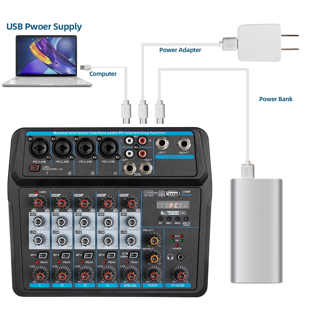 6-Channel Audio Mixer with Bluetooth, USB, and LED Display, Featuring Phantom Power and&nbsp; Sound Control for&nbsp; Use