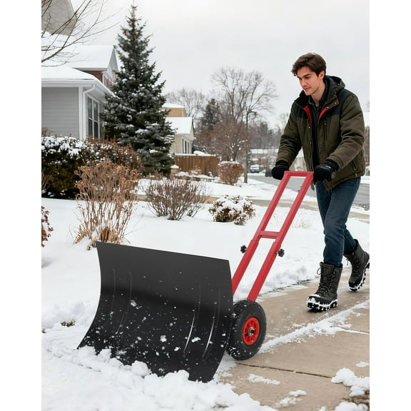 BouPower Snow Shovel with Wheels, 29" Heavy Duty Steel Snow Pusher Shovel with Adjustable Handle and 5-Position Angled Blade for Driveway, Sidewalk, Pavement