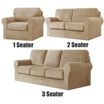Luxury Velvet Couch Cover 7 Piece Stretch Sofa Covers for 3 Cushion Couch Thick Soft Spandex Sofa Slipcover Living Room Anti Slip Dogs Pet Furnitre Protector, Khaki, 3-Seater Sofa Cover
