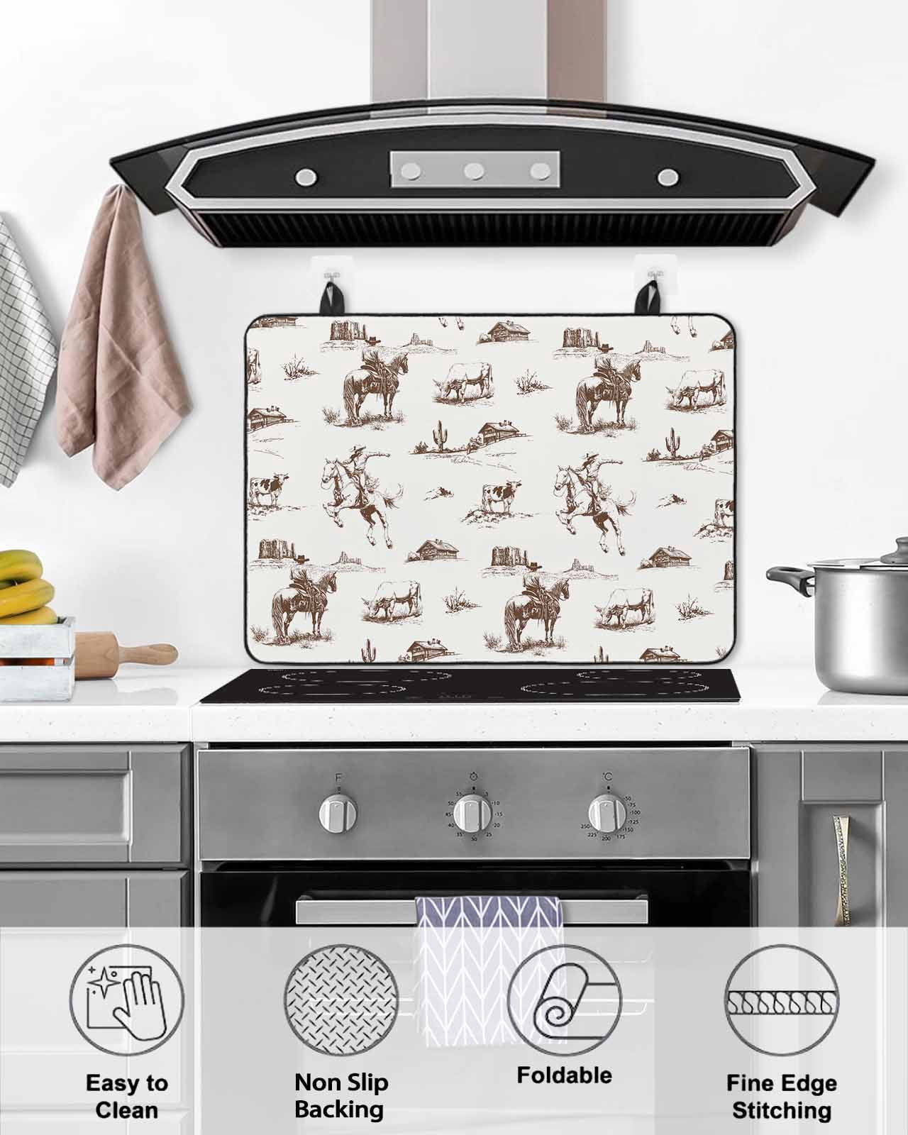 nqOlkjepod Large Induction Cooktop Protector Mat 24"x21", Vintage Western Stove Top Covers for Electric Stove, Retro Art Horse Cowboy Farmhouse Stove Burner Cover Mats, Glass Top Stove Cover