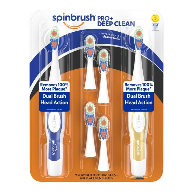 Spinbrush Pro+ Deep Clean Value Pack, cepillo de dientes con batería para adultos, 2 cepillos y 4 cabezales de repuesto