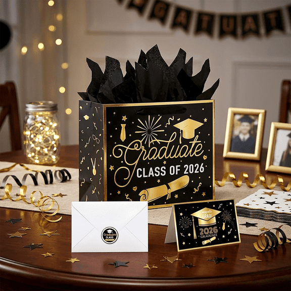 Graduation Party Gift Bag Set - Black and Gold 2026 Theme Party Supplies, Including Cards, Envelopes, and Stickers