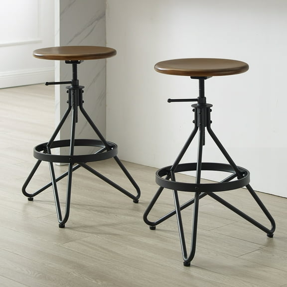 Adjustable Swivel Stools - 2 Piece Set - Industrial Bar & Counter Height Stools - Brown/Black Finish