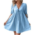 thumbnail image 2 of Gamivast Summer Dresses for Women Short Puff Sleeve V-Neck Tie Front Babydoll Dress High Waist Ruffle A Line Dress Casual Beach Vacation Daily Holiday, 2 of 7