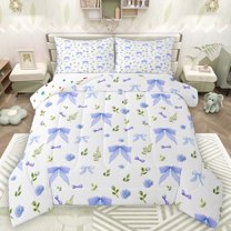 Homewish Cute Cartoon Bowknot Full Size Comforter Sets,Kawaii Floral Bedding Comforter Set,Blue White Green Bedding Sets For Girls Teens,Luxury Bedroom Decor Reversible,3 Pieces