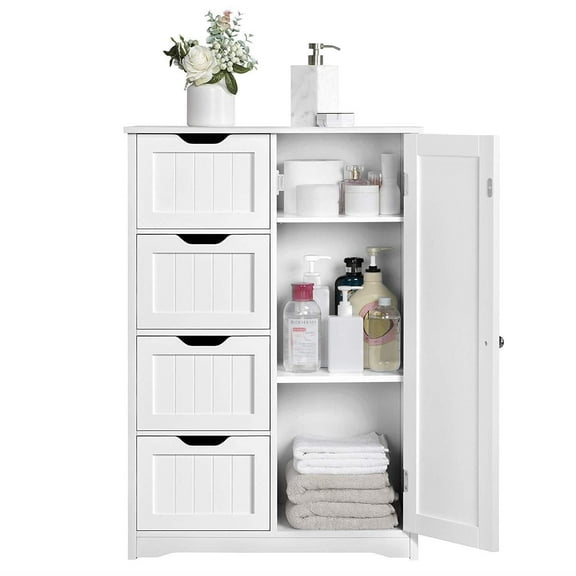 FASCK White Bathroom Storage Cabinet with 4 Drawers 1 Cupboard Side Storage with Adjustable Shelf, Wood Bathroom Floor Cabinet with Drawers Also for Kitchen, Entryway, Bedroom, 22" Wx11.8 Dx32.3 H