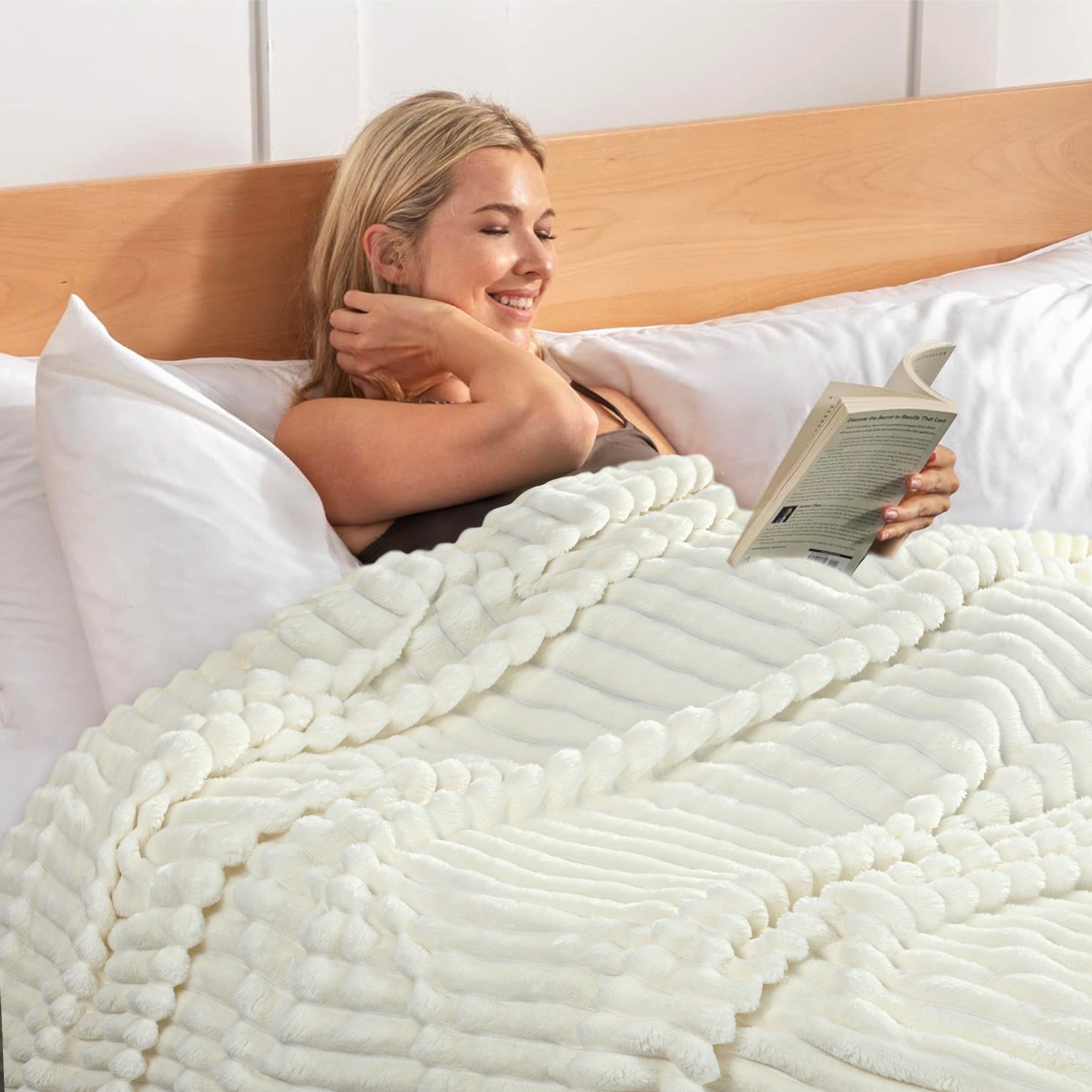 Oversized Queen Blanket for Bed (90”x100”), 400GSM Super Soft & Warm Fleece Throw Blankets for Bed, Couch, Sofa - 3D Ribbed Fluffy Lightweight Blanket All Season&nbsp;Use