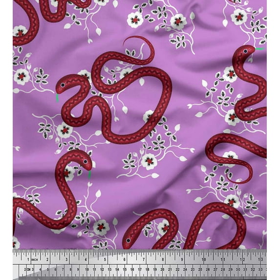 Soimoi Satin Silk Fabric Leaves,Floral & Snake Reptile Decor Fabric Printed Yard 42 Inch Wide
