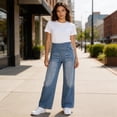 thumbnail image 5 of Costeam Womens High Waisted Elastic Waist Pull On Wide Leg Jeans Stretch Denim Pants with Pockets Casual Comfortable Washed Straight Leg Jeans, 5 of 9