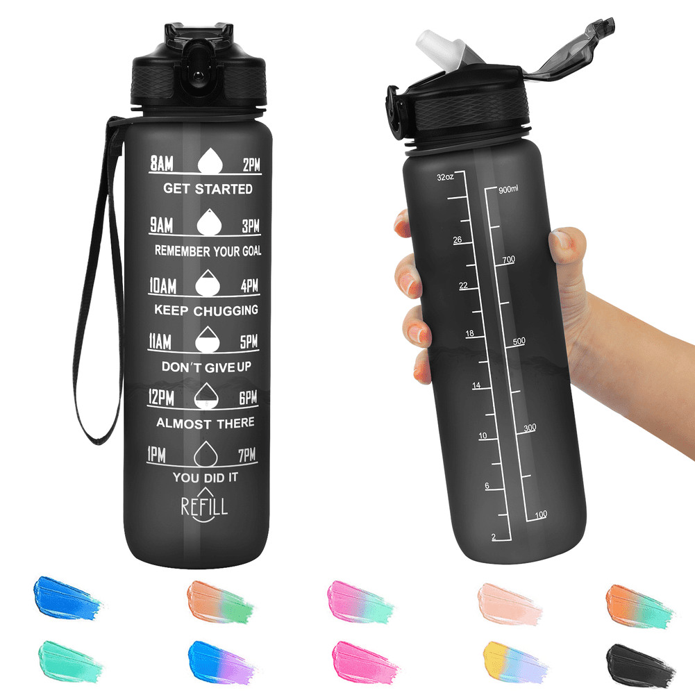 Hanmir 32oz Motivational Water Bottle with Time Marker with Straw Drinking Water  Bottles Leakproof Tritan Fitness Sports Water bottle for Gym Camping  Outdoor（Dark Blue) 