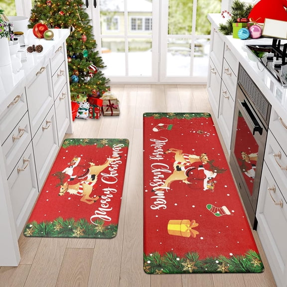 Merry Christmas Kitchen Rugs Set of 2 Non Slip Red Santa Claus Kitchen Floor Mat Cushioned Anti Fatigue Kitchen Rug Floor Mat for Kitchen Home Christmas Decor