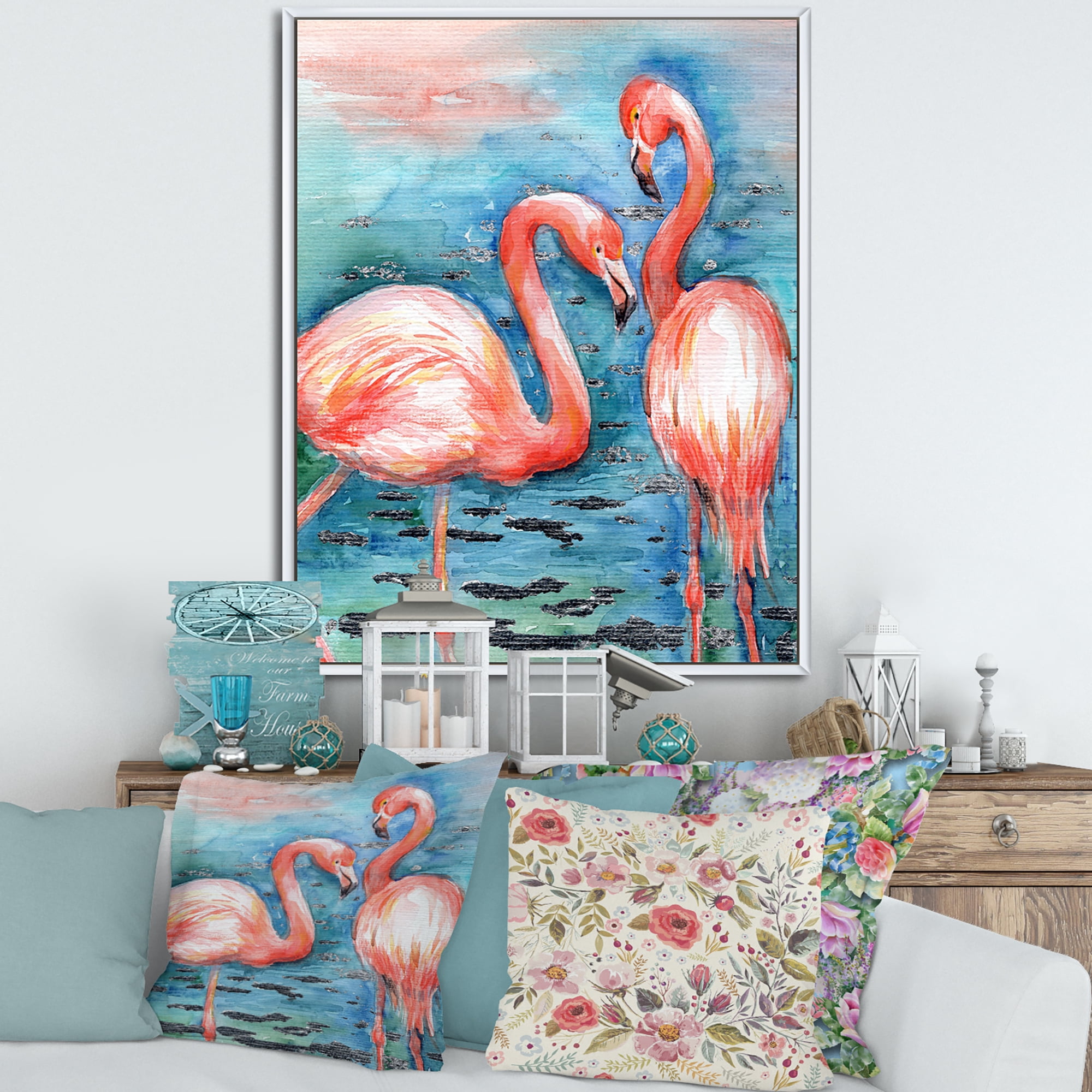 Designart 'Pink Flamingos Love Birds In Blue Water I' Farmhouse Framed Canvas Wall Art Print