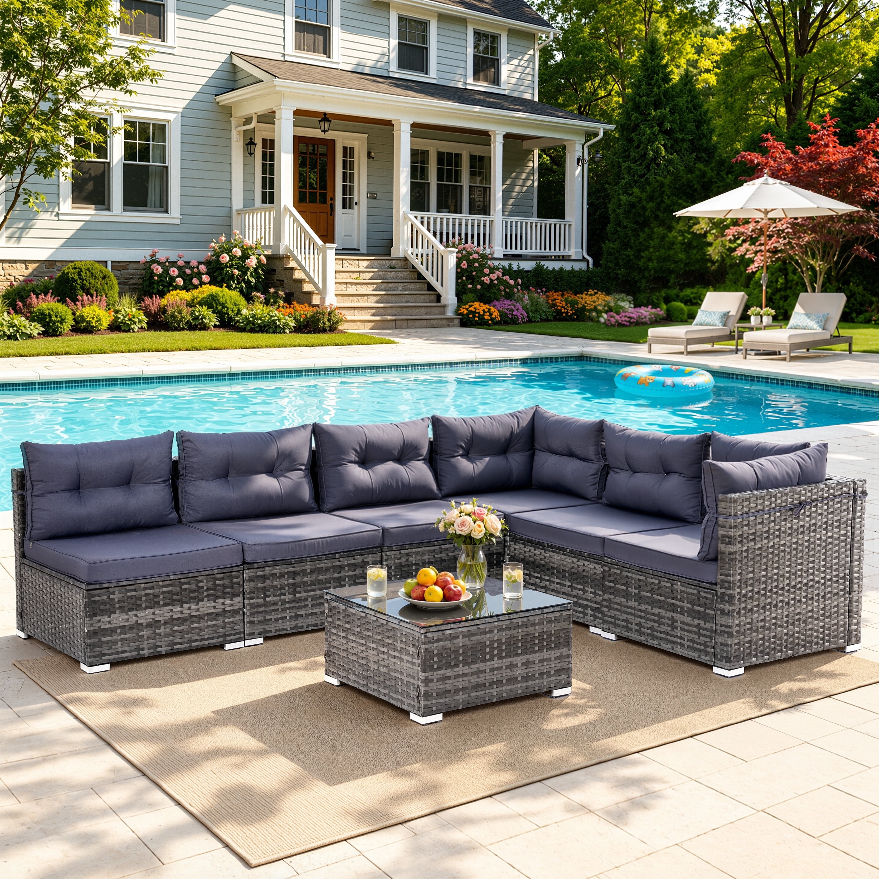 Patio Outdoor Furniture Sets, 7 Pieces All-Weather Rattan Sectional Sofa with Tea Table & Cushions, PE Rattan Wicker Sofa Couch Conversation Set for Garden Backyard Poolside