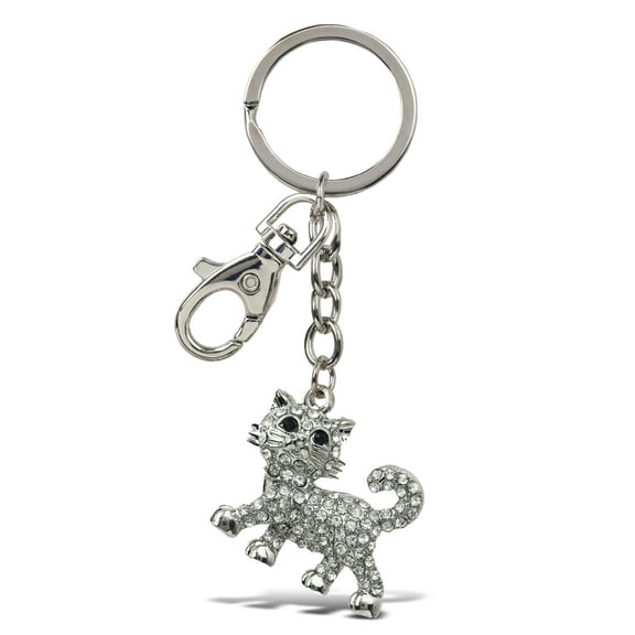 Aqua79 Cute Cat Keychain - Silver 3D Sparkling Charm Rhinestones Fashionable Stylish Metal Alloy Durable Key Ring Bling Crystal Jewelry Accessory with Clasp for Key Chain, Bag, Purse, and Backpack