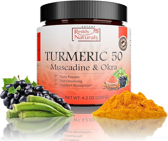 Aryana Reddy Naturals Turmeric 50 Powder – Organic Turmeric Supplement with Curcumin, Muscadine Grape & Okra Extract, Fast-Dissolving Superfood Formula for Daily Wellness & Digestion Support- 4.2 Oz