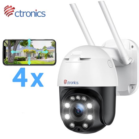 Ctronics 360° View PTZ Wireless Wifi Security Camera Outdoor, 2.4G WiFi 4X Optical Zoom, Auto Tracking, Color Night Vision, Human Detection, Two Way Audio, IP66