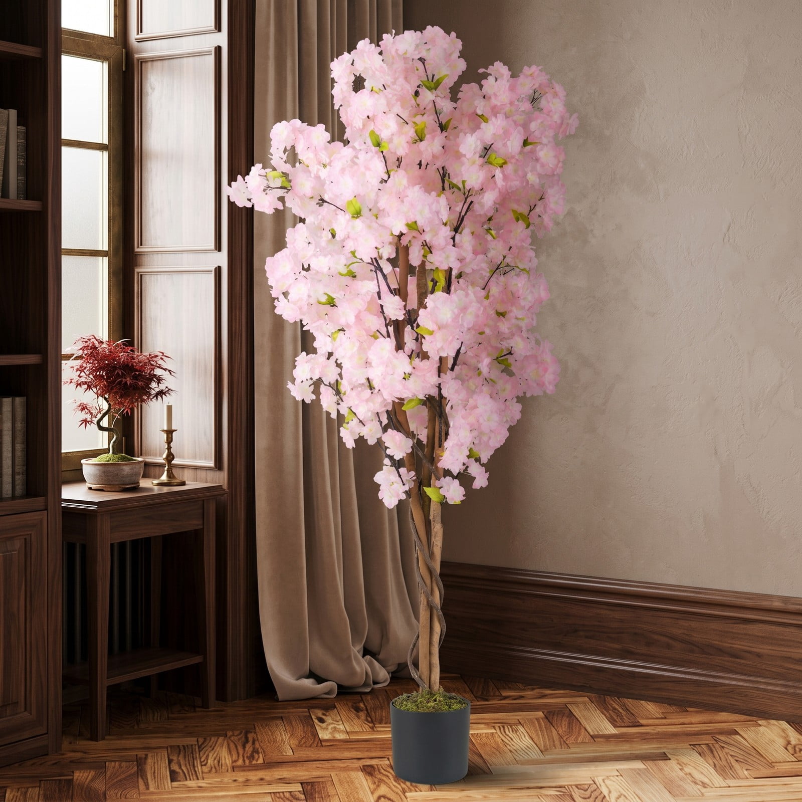 ALPULON 5 FT Artificial Cherry Blossom Tree with Pink Flowers, Faux Silk Blossom Tree with Cement-Filled Pot and Adjustable Branches for Home Office Wedding, Pink