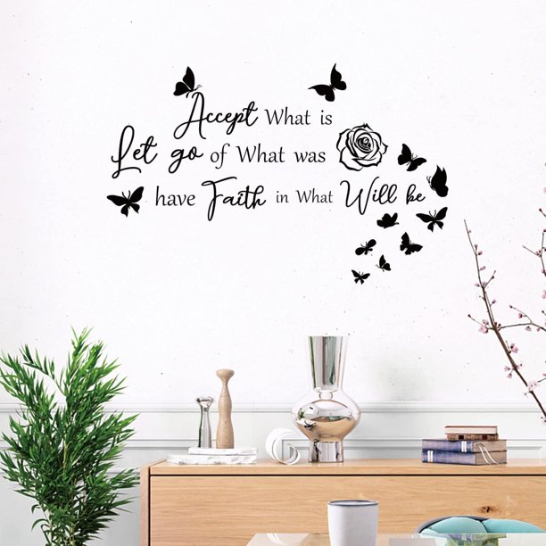 Calcomanías de pared con cita de mariposa, calcomanías de vinilo para pared del hogar, deja ir lo que fue y ten fe en lo que será, calcomanías de pared para decoración de habitaciones, 19,2 ×
