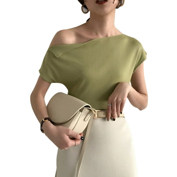 Camisa de punto para mujer, manga corta, hombros descubiertos, delgada, color sólido, top, verde Advancent AP001509-04B